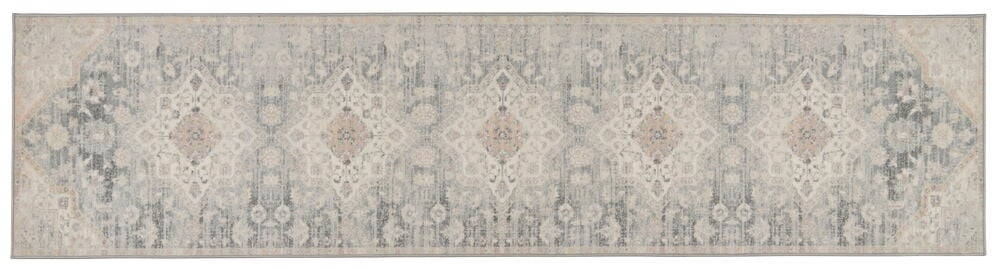 Pitkä harmaa käytävämatto, jossa on itämainen kuvio.