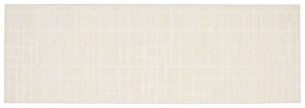 Vaaleabeige käytävämatto graafisella kuviolla.