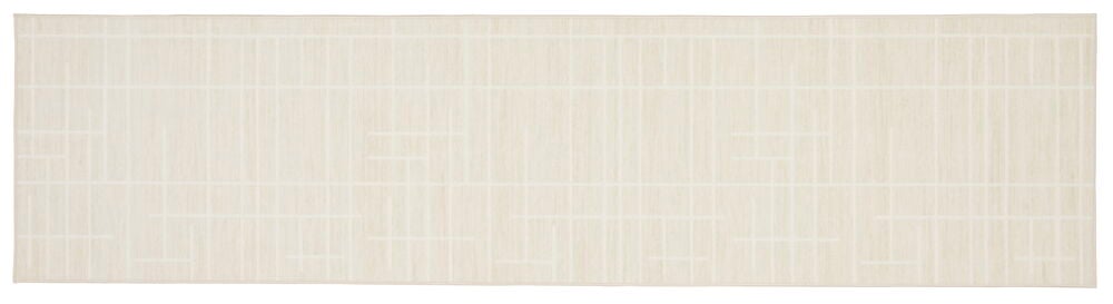 Ljusbeige gångmatta med grafiskt mönster.