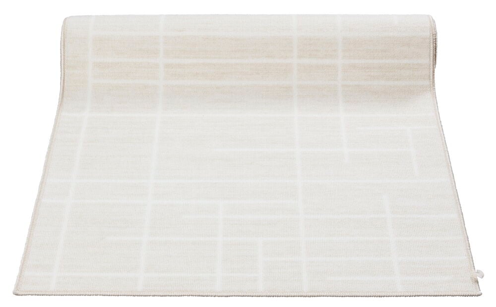 Vaaleanbeige käytävämatto graafisella kuviolla.