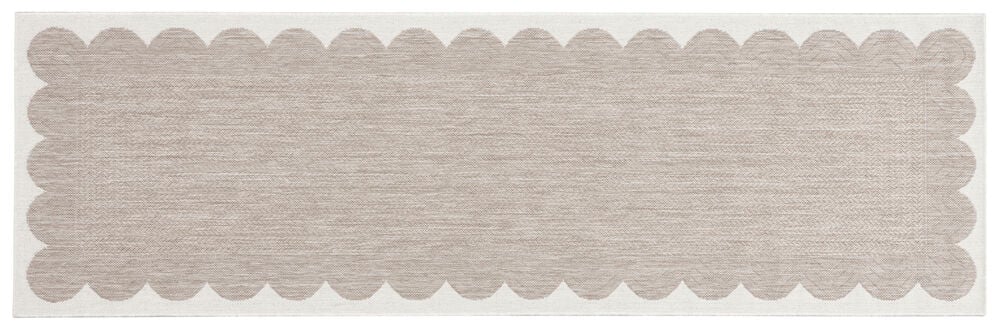 Beige gångmatta med vågig kant och slät yta.