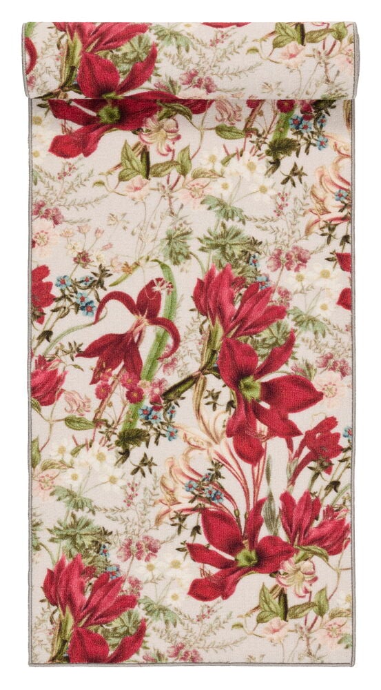 Läufer Noelle 57x200 cm Natur Polyamid mit detailliertem roten und grünen Blumenmuster auf hellem Hintergrund.