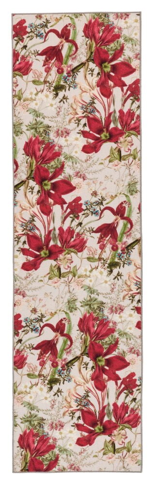 Läufer Noelle aus naturfarbenem Polyamid mit Blumenmuster aus roten, blauen und weißen Blüten auf hellem Hintergrund.