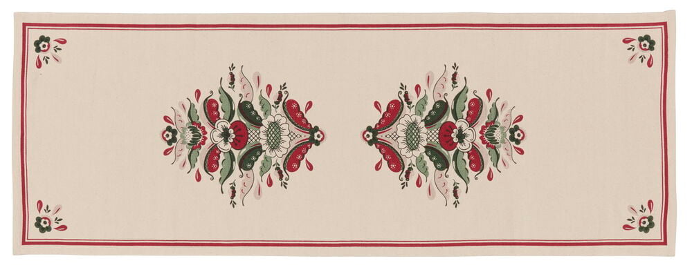Läufer Astrid 70x200 cm Natur Baumwolle mit roten Rändern und symmetrischen rot-grünen Blumenmustern.