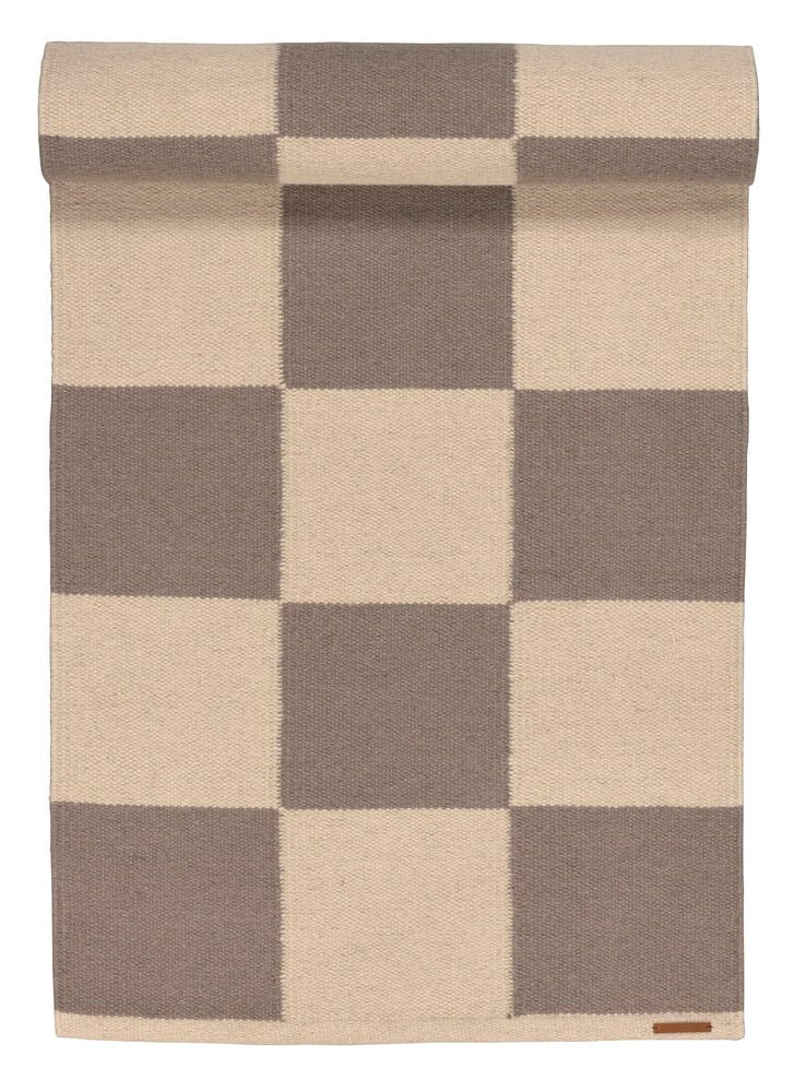 Käytävämatto Elsaform Rutan 70x300 cm Harmaa Villa, jossa beige ja harmaa ruutukuvio, osittain rullalla.