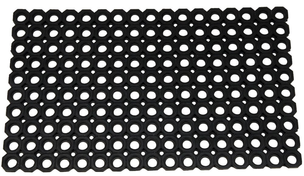 Musta ovimatto, jossa on pyöreät reiät ja kumimainen tuntuma.