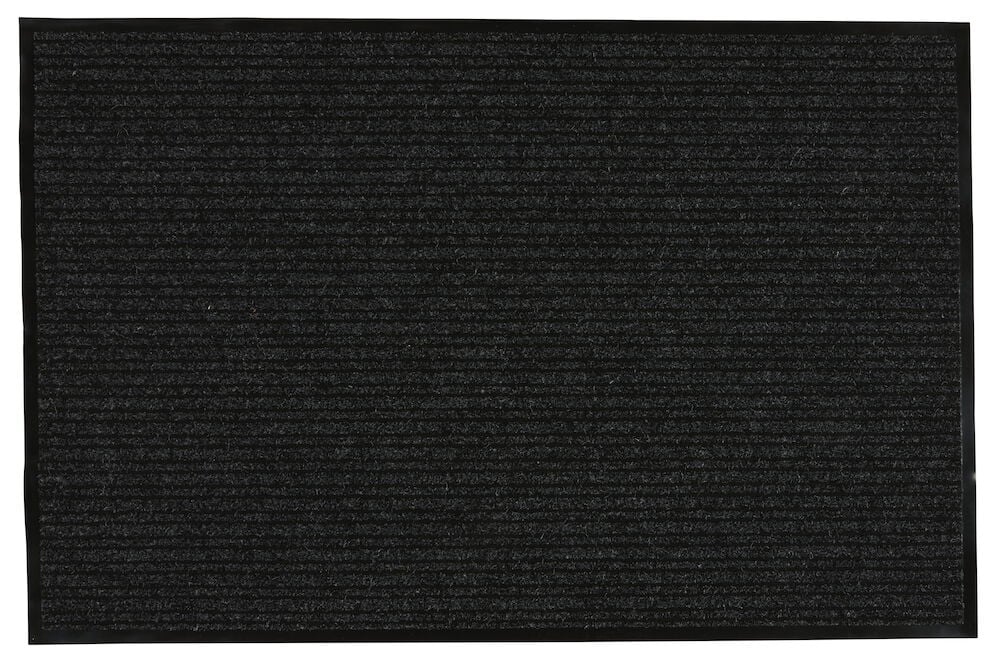 Tummanharmaa ovimatto, jossa on kumitettu reuna.