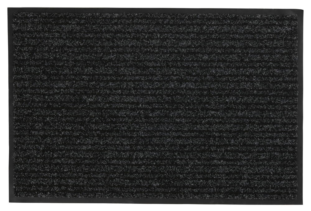 Tummanharmaa suorakulmainen ovimatto kumisella taustalla.
