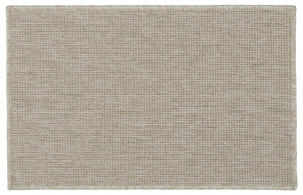 Suorakulmainen beige ovimatto, jossa on yksinkertainen kudottu rakenne.