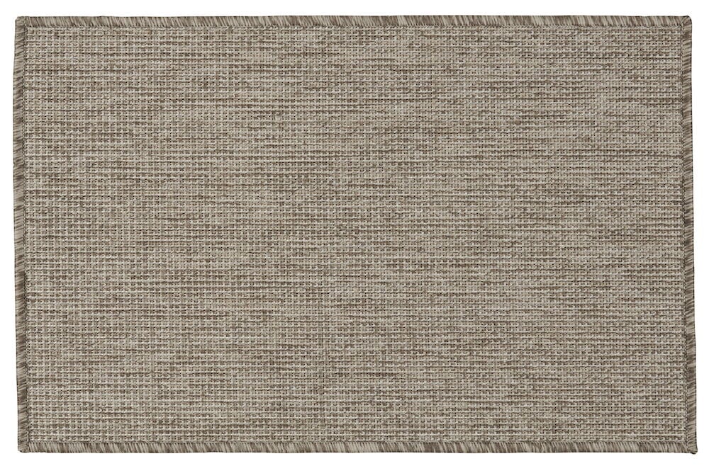 Suorakulmainen ruskea ovimatto, jossa on kudottu rakenne.