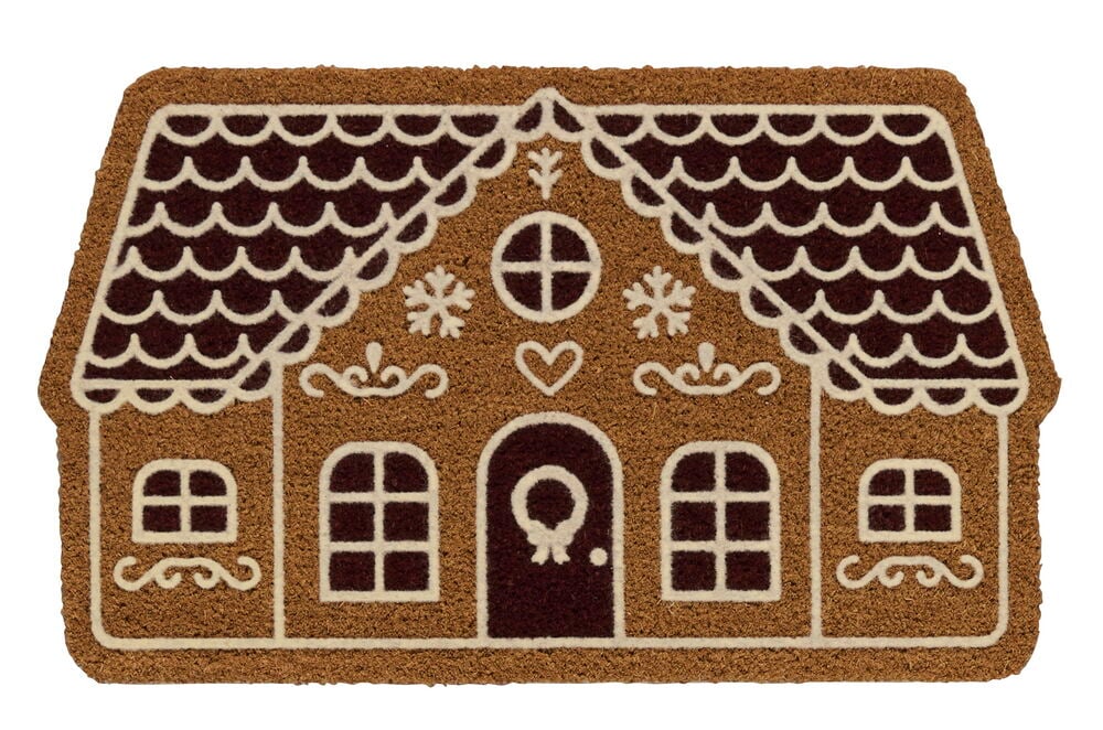 Braune Kokosfaser Fußmatte, Lebkuchenhaus-Design mit weißen Zuckergussdetails.