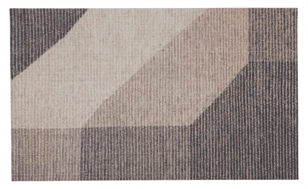 Beige ovimatto, jossa on geometrinen kuvio ja ruskea sävy.