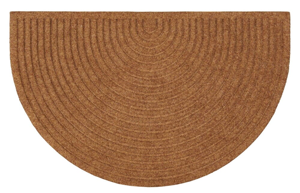 Puolipyöreä hiekanvärinen ovimatto kuvioidulla rakenteella.