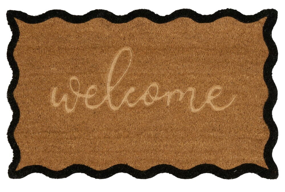 Suorakulmainen ovimatto mustalla reunalla ja tekstillä.