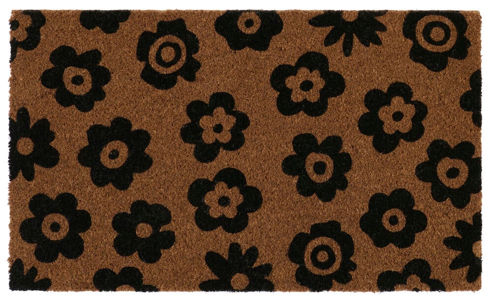 Rektangulær Svart Kokosfiber dørmatte med brun bakgrunn og svarte blomstermønster, ovenfra.