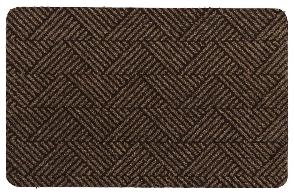 En rektangulär grå polyestermatt med rundade hörn och ett geometriskt mönster av bruna diagonala ränder.