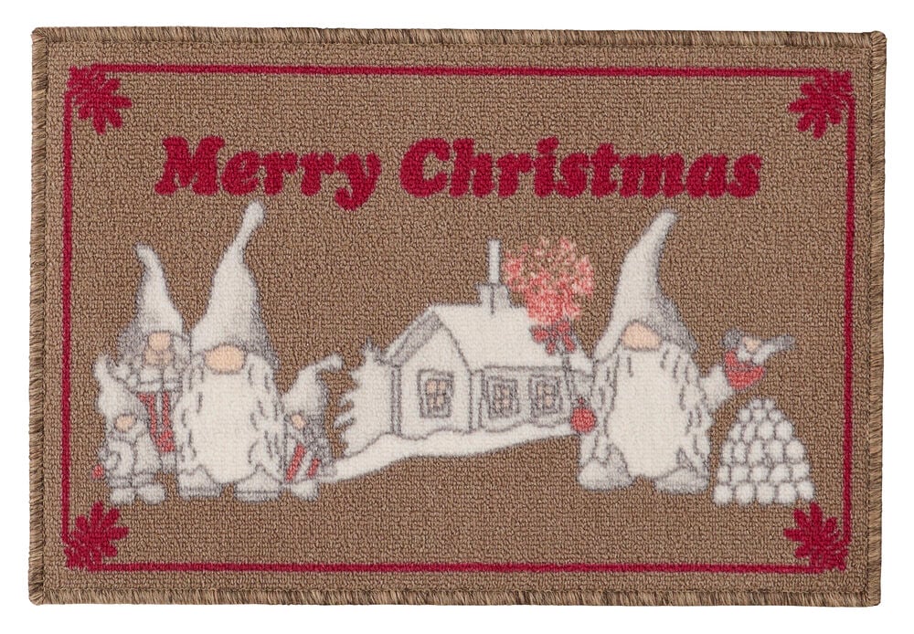 Rechteckige braune Polyamid Fußmatte mit 'Merry Christmas' Text und Gnomen in einer Winterlandschaft.