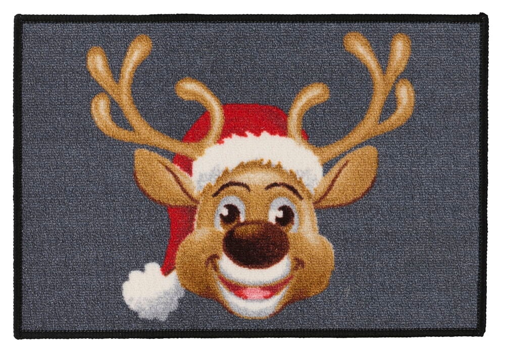 Eine graue Polyamid-Matte mit einem lachenden Cartoon-Rentier in roter Weihnachtsmütze.