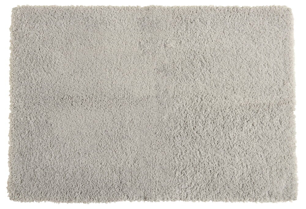 Suorakulmainen hopeanvärinen kylpyhuonematto pehmeällä nukalla.
