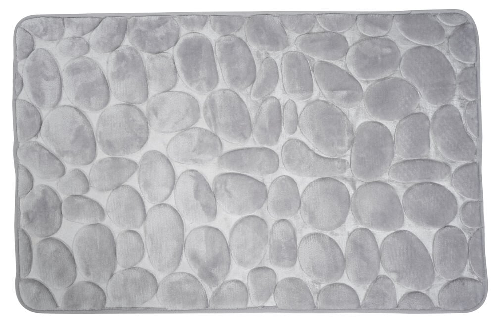 Harmaa kylpyhuonematto, jossa on 3D-kivikuosi ja pyöristetyt reunat.