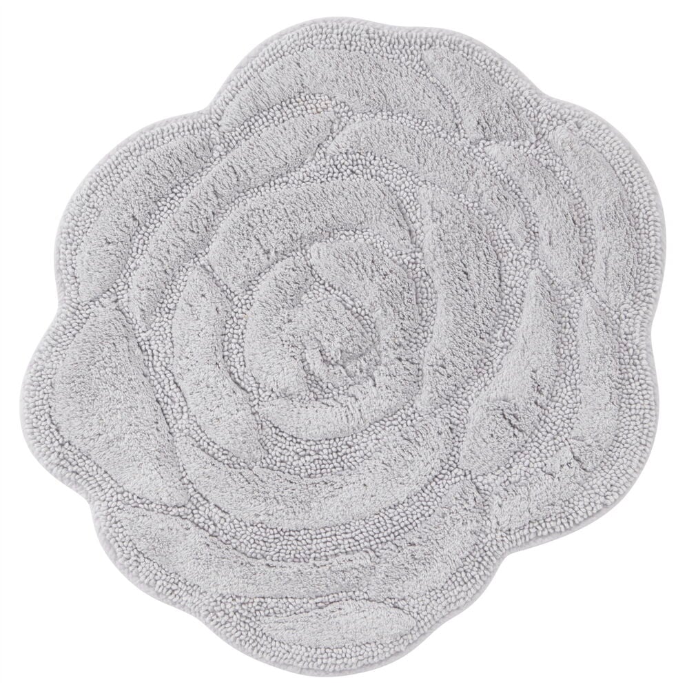 Harmaa pyöreä kylpyhuoneen matto ruusun muotoinen.
