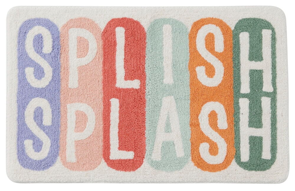Färgglad badrumsmatta med texten Splish Splash.