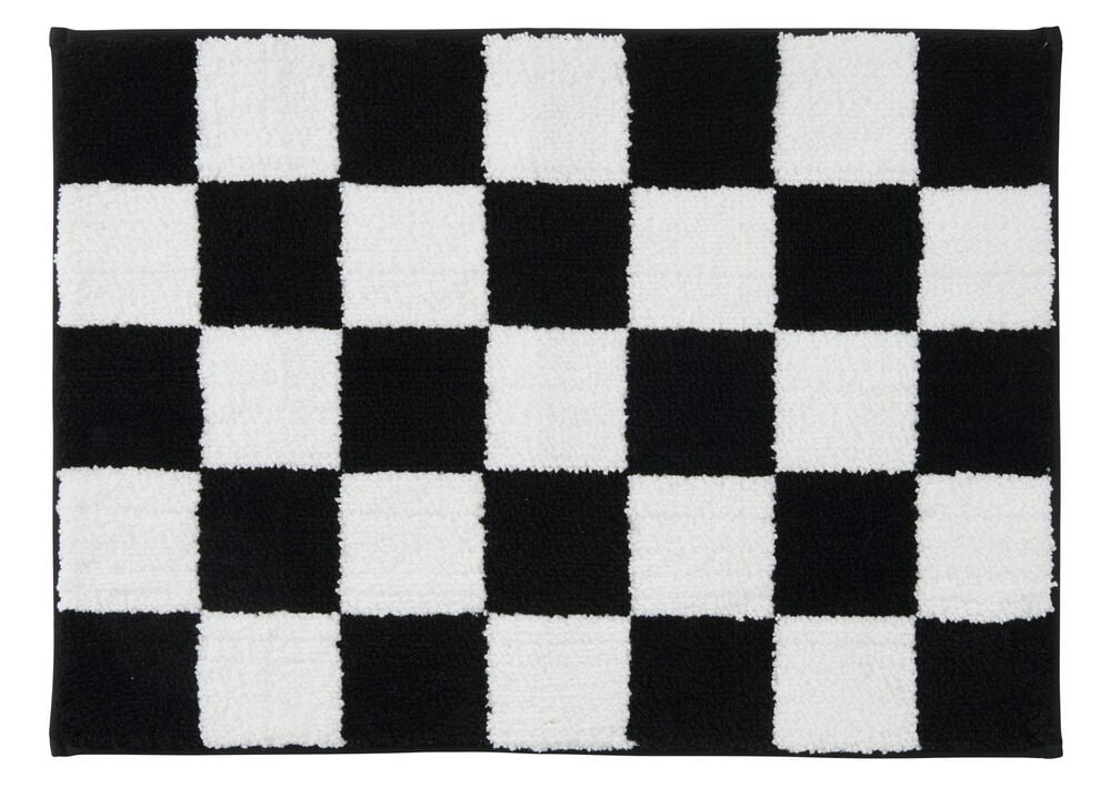Mustavalkoinen kylpyhuonematto, jossa on ruudullinen shakkikuvio.
