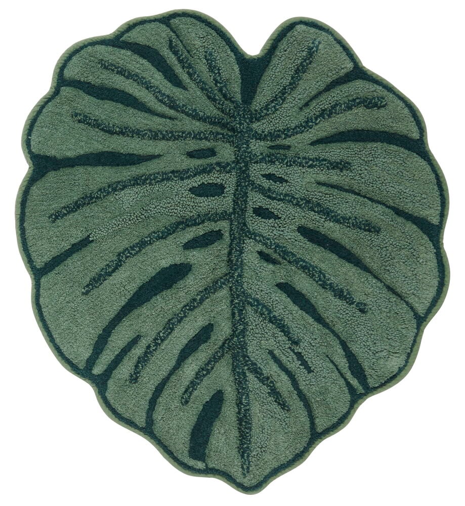 Vihreä kylpyhuonematto, tyylitellyn lehden muotoinen.