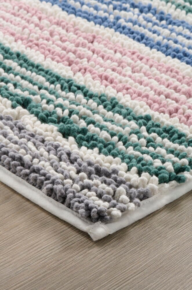 Raidallinen kylpyhuoneen matto eri väreissä puulattialla.