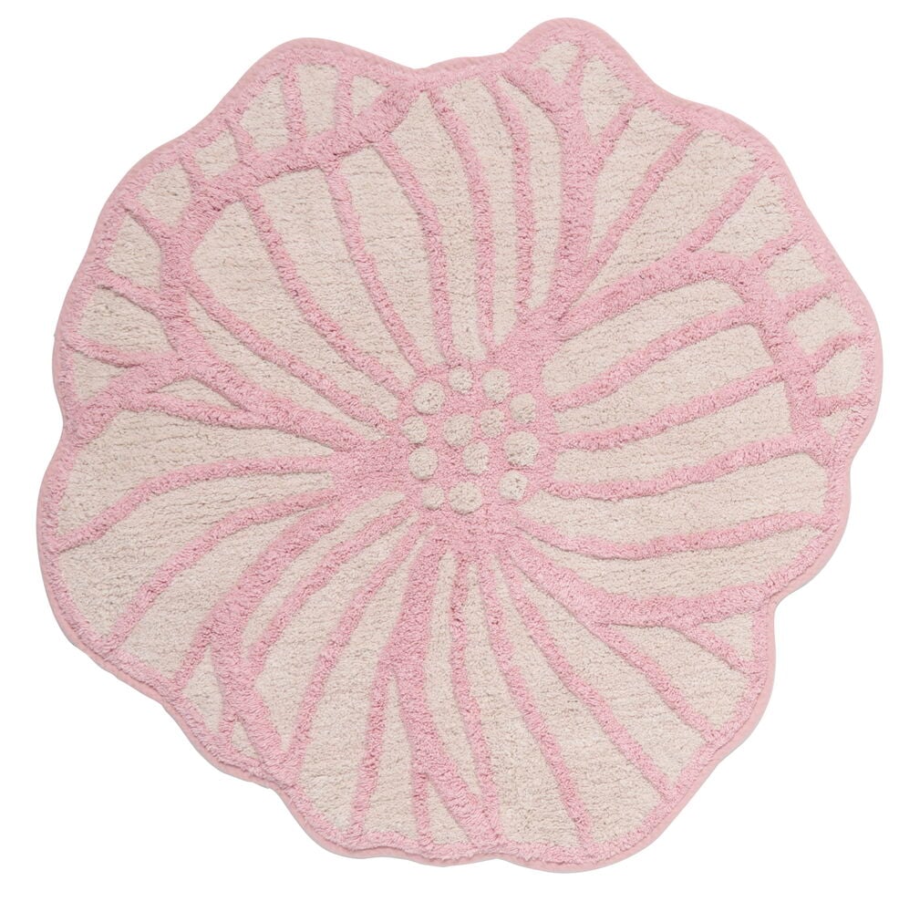 Rund rosa badrumsmatta med blommönster.