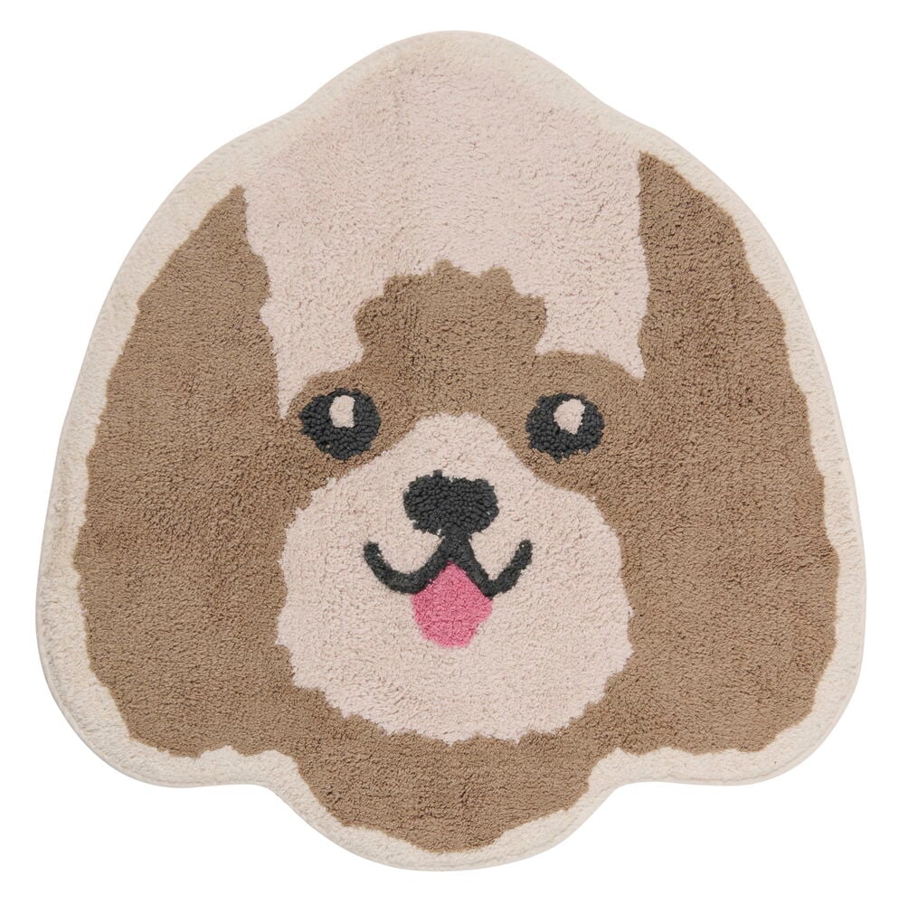 Beige bomullsmatta formad som en hunds ansikte.