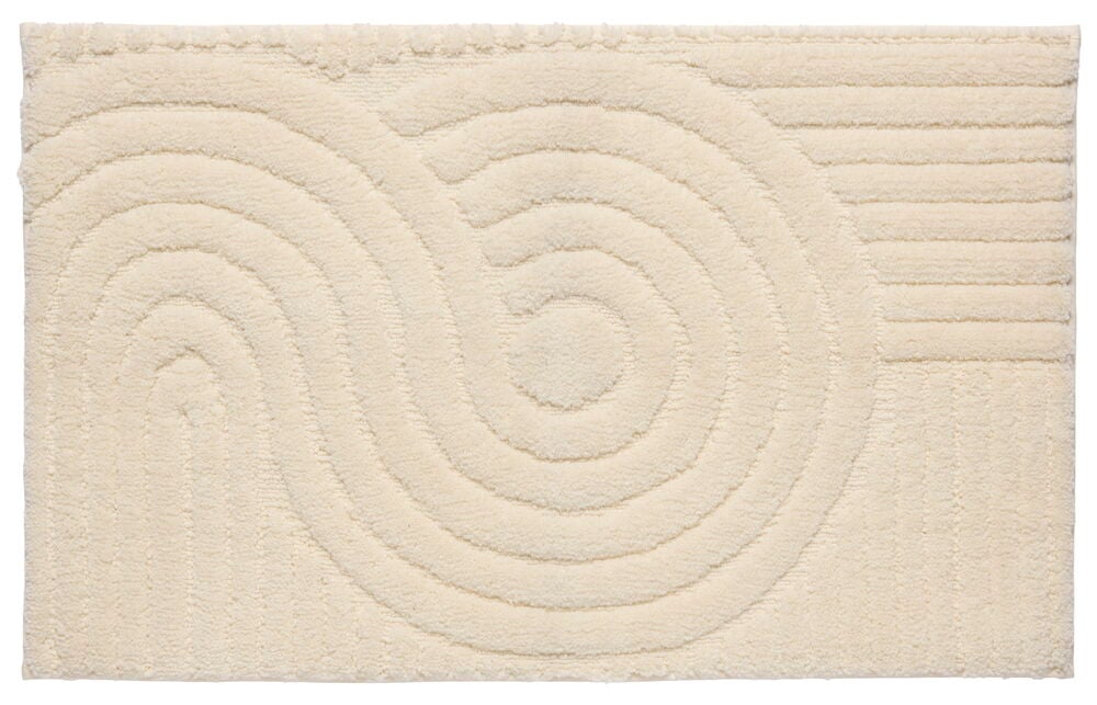 Naturhvit Cissi badematte i polyester med et opphøyet mønster av buer, spiraler og horisontale striper.