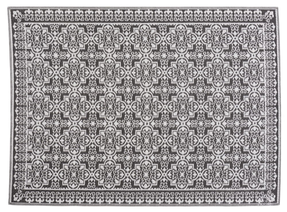 Rektangulär bastmatta i antracit med mönstrad design.