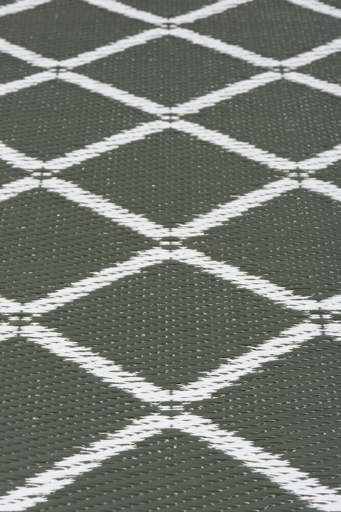 Grön polypropenmatta med vitt rutigt mönster.