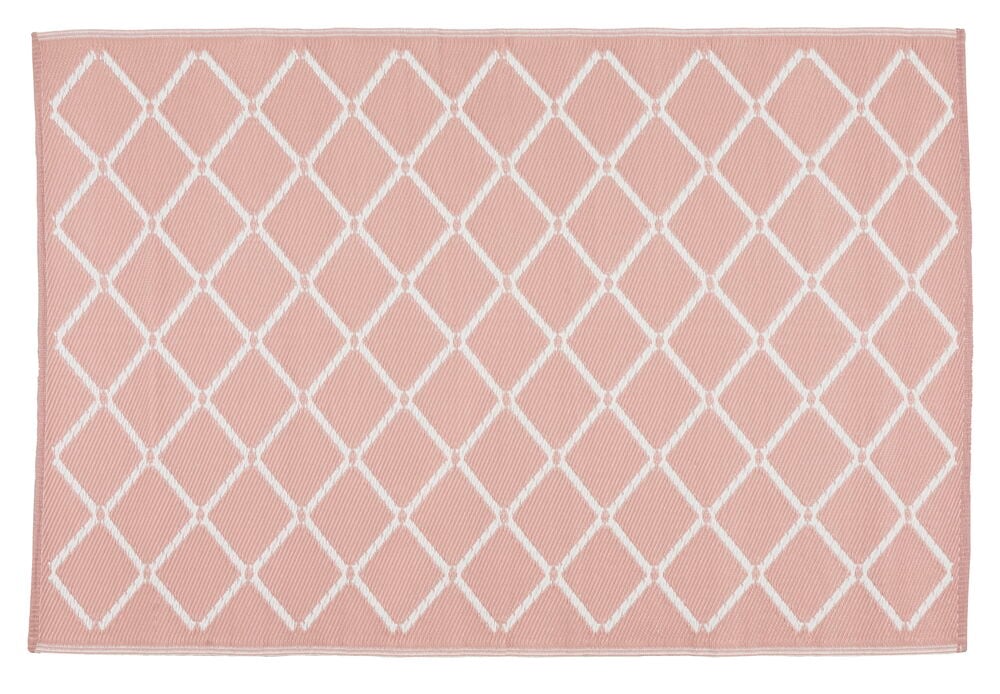 Rosa bastmatta med vitt diamantmönster, rektangulär form.