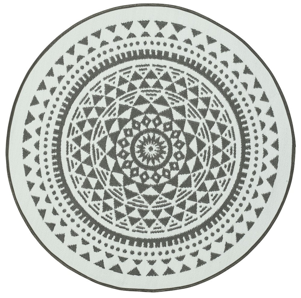 Rund antracitfärgad matta med geometriskt mönster.