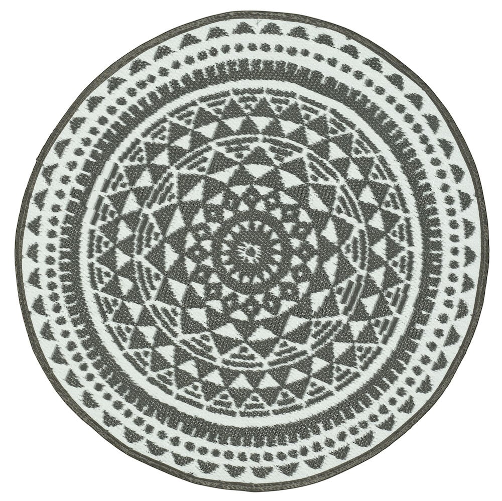 Rund antracitfärgad matta med geometriskt mönster.
