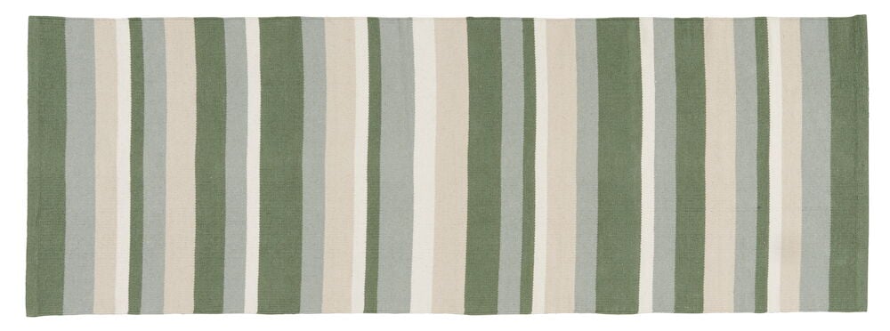 Gestreifter mehrfarbiger Läufer in Grün und Beige.