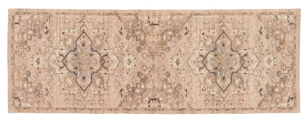 Beige gångmatta med diskret orientaliskt mönster.