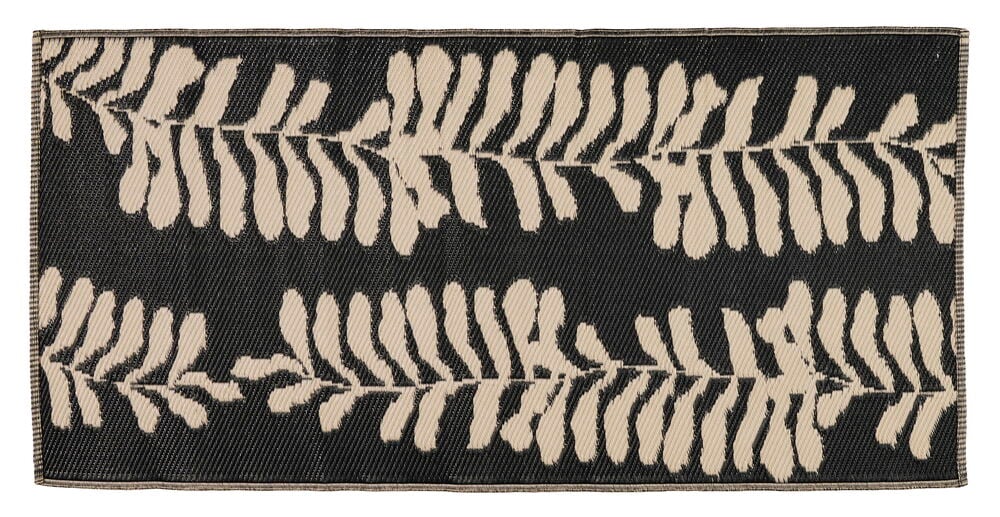 Beige utomhusmatta med bladmotiv svarta detaljer