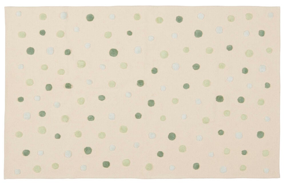 Beige puuvillakangas, jossa vihreitä ja sinisiä pilkkuja.