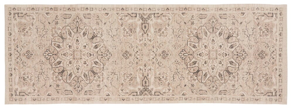 Beige matta med orientaliskt mönster och rektangulär form.