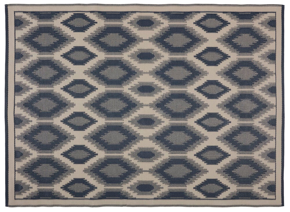 Matto Inka, sininen ja beige polypropeenimatto geometrisella timanttikuviolla.