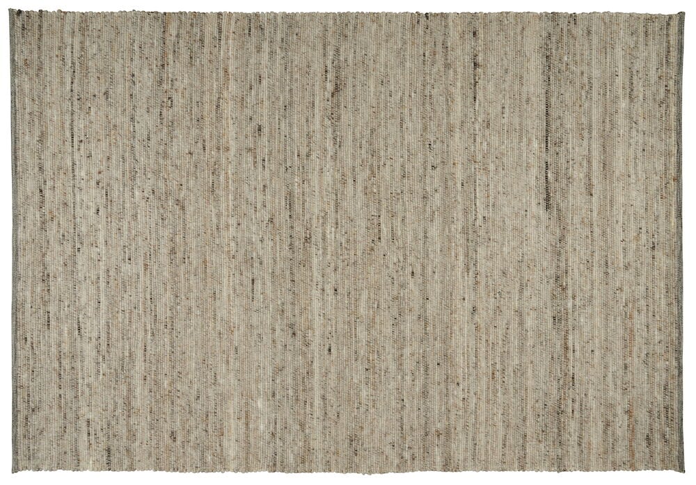 Suuri ruskea käsinkudottu matto, jossa on meleerattu kuvio.