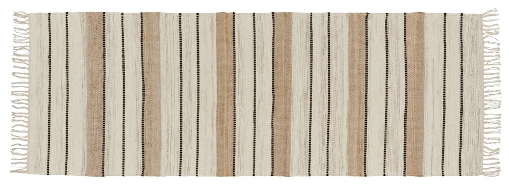 Gestreifter beiger Teppich mit Fransen in erdigen Farben.