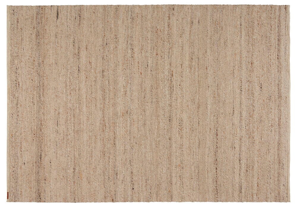Stor beige handvävd ullmatta med melerad struktur.