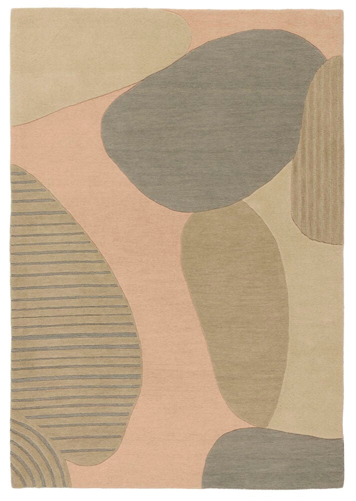 Flerfarget Ullteppe Field 160x230 cm med abstrakte former i rosa, beige, grågrønt og stripete mønstre.