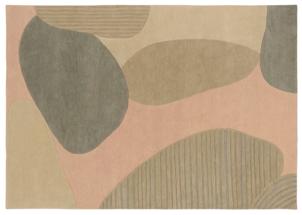 Mehrfarbiger Wollteppich Field 200x290 cm mit abstrakten Formen in Rosa, Beige, Grün und Braun.