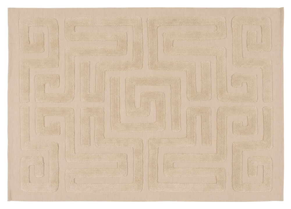 Suorakaiteen muotoinen Hiekka Villa -matto, jossa on kohokuvioitu beigenvärinen geometrinen labyrinttikuvio.