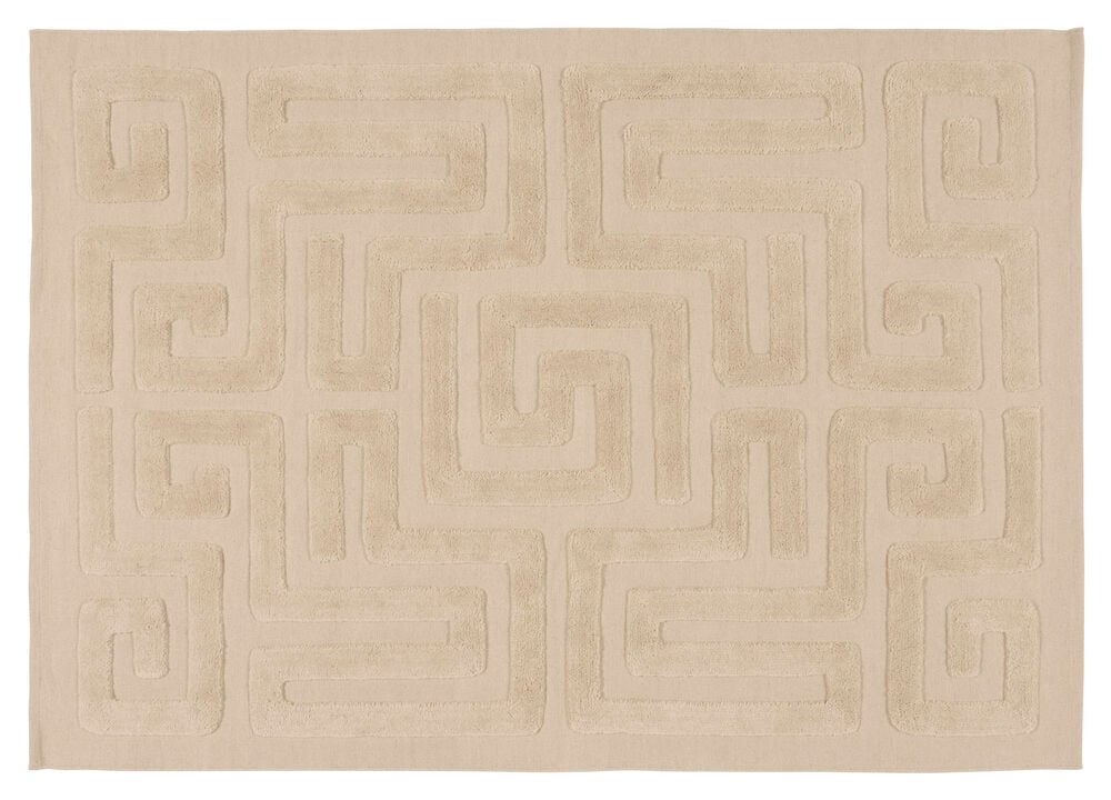 Suorakaiteen muotoinen beige Hiekka Villa matto, jossa on kohokuvioitu geometrinen labyrinttikuvio.
